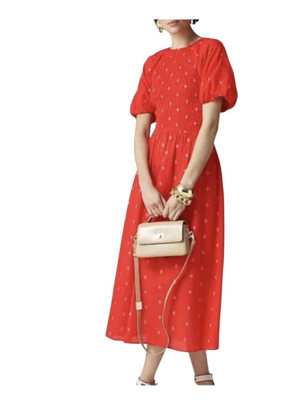 J. Crew Meadow Red Print Cotton Smocked Puff Sleeve Midi Dress